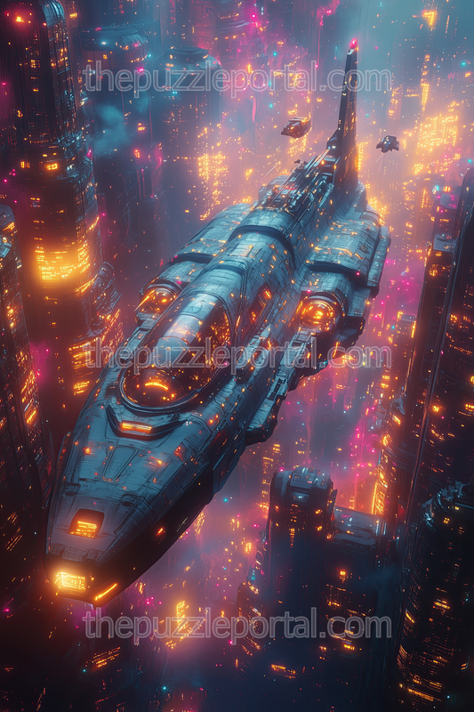 Neon Metropolis Spaceship Jigsaw Puzzle